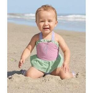 Seersucker Halter Pink, Green, Blue A Monogram Swimsuit Size 6 Months